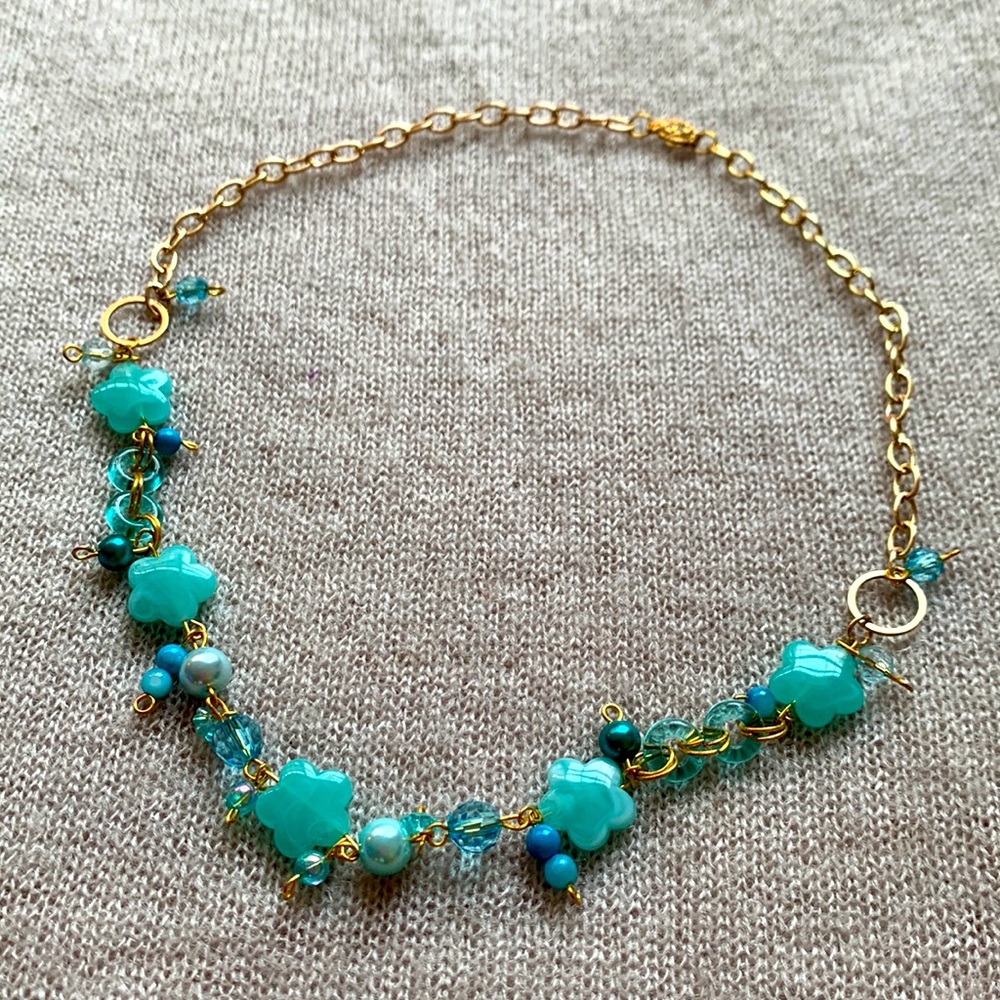 2x18$ 🎁 💎 CREATION - Short Necklace - Aqua Turquoise flower - gold details
